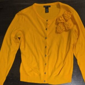 New York & Company Yellow Cardigan with Floral Accents and Jewel Buttons